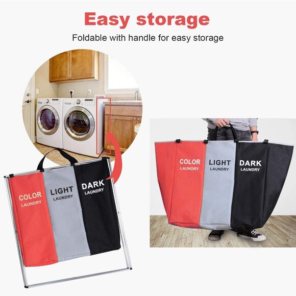 Laundry Cloth Hamper Sorter Basket 3 Sections with Aluminum Frame 26''×24''H - Picture 6 of 6